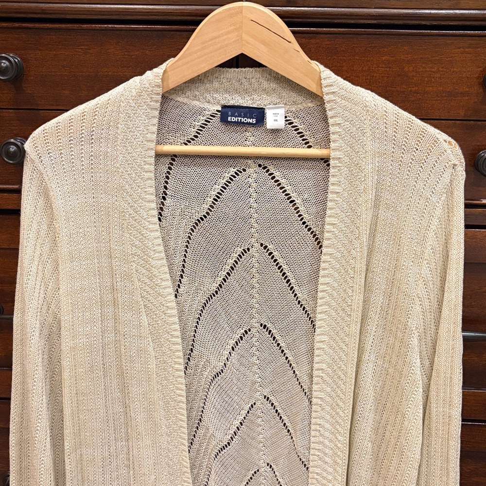 Basic Editions XXL Cream Open Front Cardigan Chevron Knit Long Sleeve - Picture 4 of 11